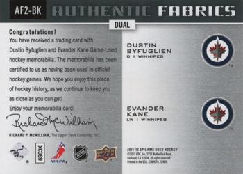 2011-12 SP Game Used - Authentic Fabrics Dual #AF2-BK Dustin Byfuglien / Evander Kane Back
