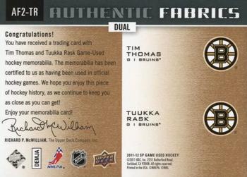 2011-12 SP Game Used - Authentic Fabrics Dual Patches #AF2-TR Tim Thomas / Tuukka Rask Back