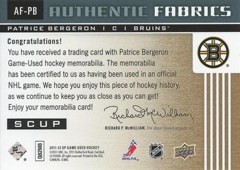 2011-12 SP Game Used - Authentic Fabrics Gold #AF-PB Patrice Bergeron Back
