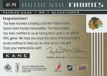 2011-12 SP Game Used - Authentic Fabrics Gold #AF-PK Patrick Kane Back
