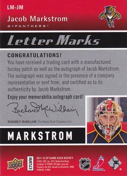 2011-12 SP Game Used - Letter Marks #LM-JM Jacob Markstrom Back