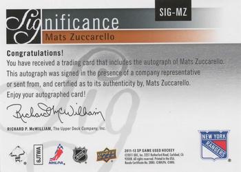 2011-12 SP Game Used - SIGnificance #SIG-MZ Mats Zuccarello Back