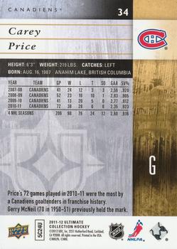 2011-12 Upper Deck Ultimate Collection #34 Carey Price Back