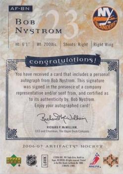 2006-07 Upper Deck Artifacts - Auto-Facts #AF-BN Bob Nystrom Back