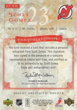 2006-07 Upper Deck Artifacts - Auto-Facts #AF-SG Scott Gomez Back
