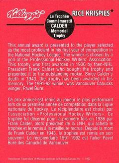 1992 Kellogg's NHL Trophies #7 Calder Memorial Trophy Back