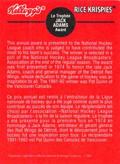 1992 Kellogg's NHL Trophies #11 Jack Adams Award Back