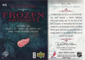 2006-07 Upper Deck Artifacts - Frozen Artifacts Red #FA-HZ Henrik Zetterberg Back