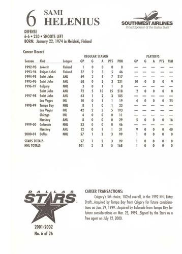 2001-02 Dallas Stars #6 Sami Helenius Back