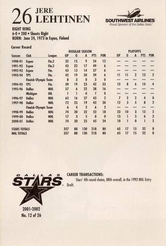 2001-02 Dallas Stars #12 Jere Lehtinen Back