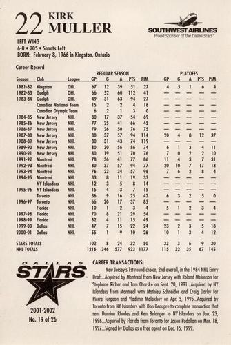 2001-02 Dallas Stars #19 Kirk Muller Back