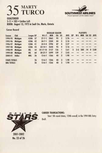 2001-02 Dallas Stars #23 Marty Turco Back