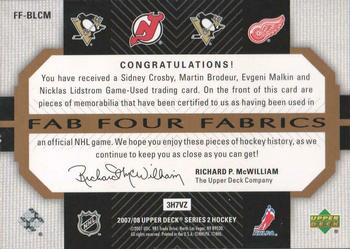 2007-08 Upper Deck - Fab Four Fabrics #FF-BLCM Martin Brodeur / Nicklas Lidstrom / Sidney Crosby / Evgeni Malkin Back