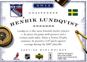 2007-08 Upper Deck MVP - New World Order #NW12 Henrik Lundqvist Back