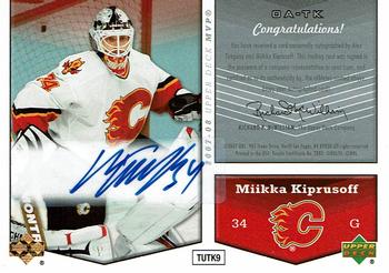 2007-08 Upper Deck MVP - One on One Autographs #OA-TK Alex Tanguay / Miikka Kiprusoff Back