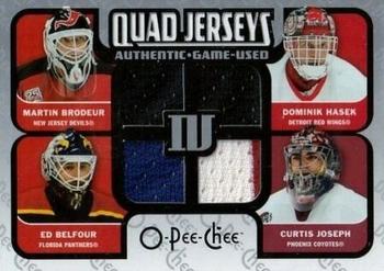 2007-08 O-Pee-Chee - Quad Jerseys (Quad Materials) #QM-BJBH Ed Belfour / Curtis Joseph / Martin Brodeur / Dominik Hasek Front
