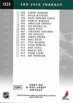 2007-08 O-Pee-Chee - Team Checklists #CL25 San Jose Sharks Back