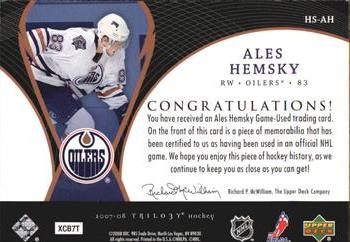 2007-08 Upper Deck Trilogy - Honorary Swatches #HS-AH Ales Hemsky Back