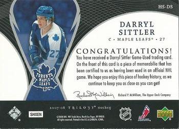 2007-08 Upper Deck Trilogy - Honorary Swatches #HS-DS Darryl Sittler Back