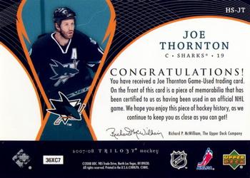2007-08 Upper Deck Trilogy - Honorary Swatches #HS-JT Joe Thornton Back