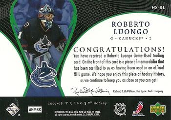 2007-08 Upper Deck Trilogy - Honorary Swatches #HS-RL Roberto Luongo Back