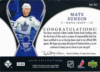 2007-08 Upper Deck Trilogy - Honorary Swatches #HS-SU Mats Sundin Back