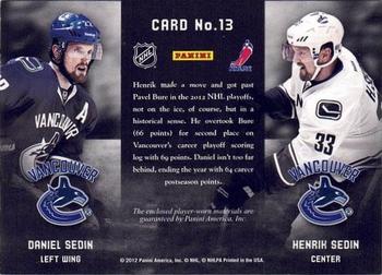 2011-12 Panini Prime - Prime Combos Dual Jerseys #13 Daniel Sedin / Henrik Sedin Back