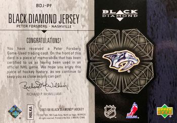 2007-08 Upper Deck Black Diamond - Jerseys #BDJ-PF Peter Forsberg Back