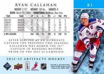 2012-13 Upper Deck Artifacts #81 Ryan Callahan Back