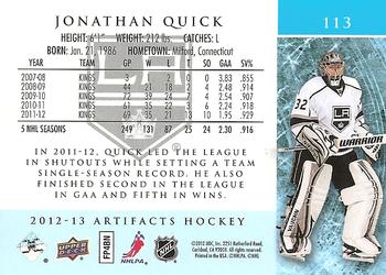 2012-13 Upper Deck Artifacts #113 Jonathan Quick Back