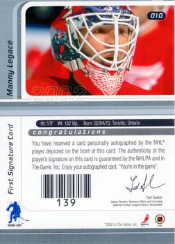 2002-03 Be a Player Signature Series - Autograph Buybacks 2001-02 Gold #010 Manny Legace Back