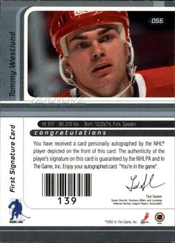 2002-03 Be a Player Signature Series - Autograph Buybacks 2001-02 Gold #056 Tommy Westlund Back