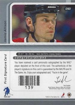 2002-03 Be a Player Signature Series - Autograph Buybacks 2001-02 Gold #090 Jamie Allison Back
