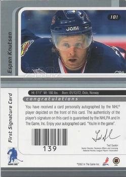 2002-03 Be a Player Signature Series - Autograph Buybacks 2001-02 Gold #181 Espen Knutsen Back