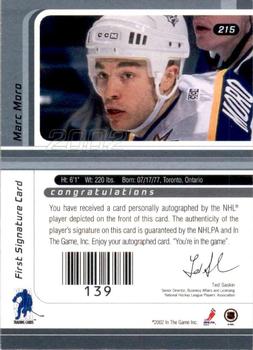 2002-03 Be a Player Signature Series - Autograph Buybacks 2001-02 Gold #215 Marc Moro Back