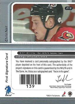 2002-03 Be a Player Signature Series - Autograph Buybacks 2001-02 Gold #219 Chris Neil Back