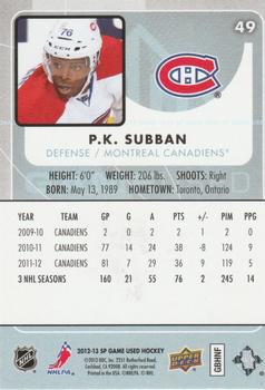 2012-13 SP Game Used #49 P.K. Subban Back