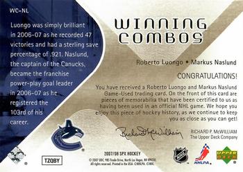 2007-08 SPx - Winning Combos #WC-NL Roberto Luongo / Markus Naslund Back