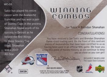 2007-08 SPx - Winning Combos #WC-SS Joe Sakic / Brendan Shanahan Back