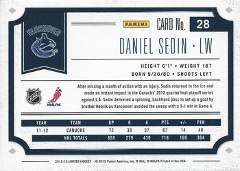 2012-13 Panini Limited #28 Daniel Sedin Back