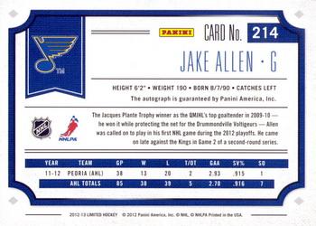 2012-13 Panini Limited #214 Jake Allen Back