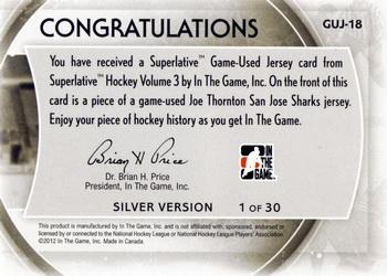 2012-13 In The Game Superlative - Jerseys Silver #GUJ-18 Joe Thornton Back