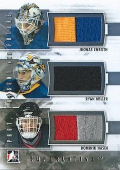 2012-13 In The Game Superlative - Past, Present and Future Gold #PPF-08 Jhonas Enroth / Ryan Miller / Dominik Hasek Front