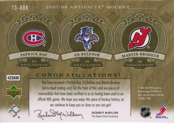 2007-08 Upper Deck Artifacts - Tundra Trios Red #T3-RBB Patrick Roy / Ed Belfour / Martin Brodeur Back