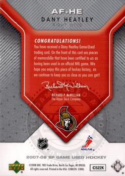 2007-08 SP Game Used - Authentic Fabrics #AF-HE Dany Heatley Back