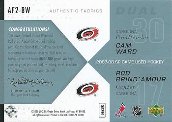 2007-08 SP Game Used - Authentic Fabrics Duals #AF2-BW Rod Brind'Amour / Cam Ward Back