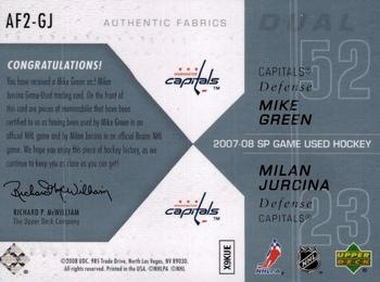 2007-08 SP Game Used - Authentic Fabrics Duals #AF2-GJ Mike Green / Milan Jurcina Back