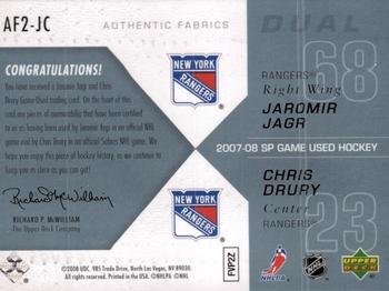 2007-08 SP Game Used - Authentic Fabrics Duals #AF2-JC Jaromir Jagr / Chris Drury Back