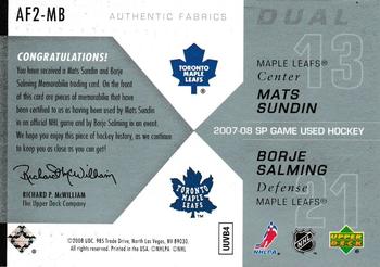 2007-08 SP Game Used - Authentic Fabrics Duals #AF2-MB Mats Sundin / Borje Salming Back