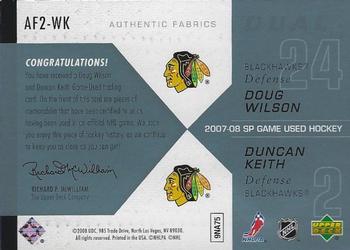 2007-08 SP Game Used - Authentic Fabrics Duals #AF2-WK Doug Wilson / Duncan Keith Back